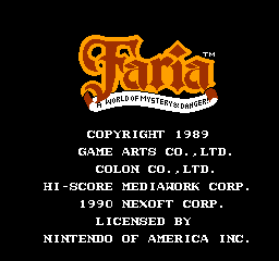 Faria - A World of Mystery & Danger! (USA) Title Screen